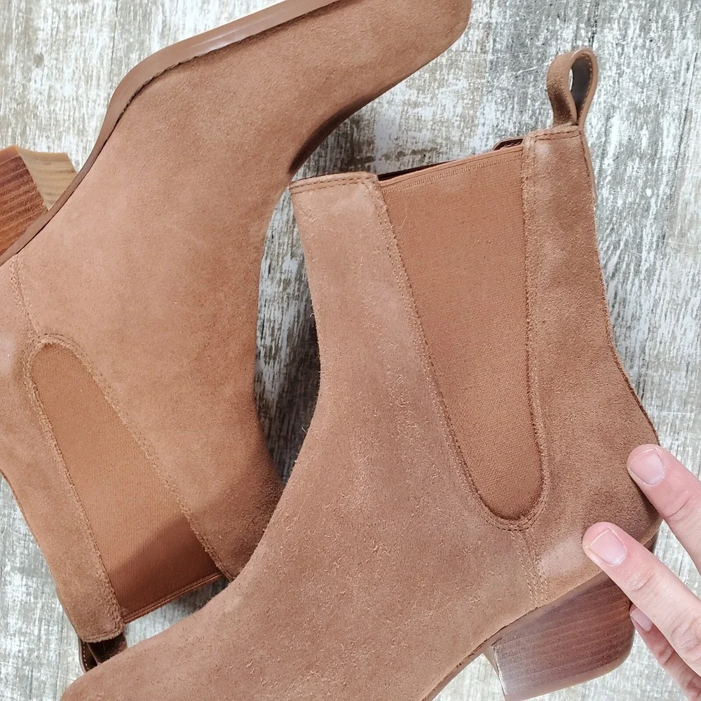 Michael Kors Kinlee Bootie Womens Sz 8.5‎ M luggage Suede Pointed Toe Block Heel